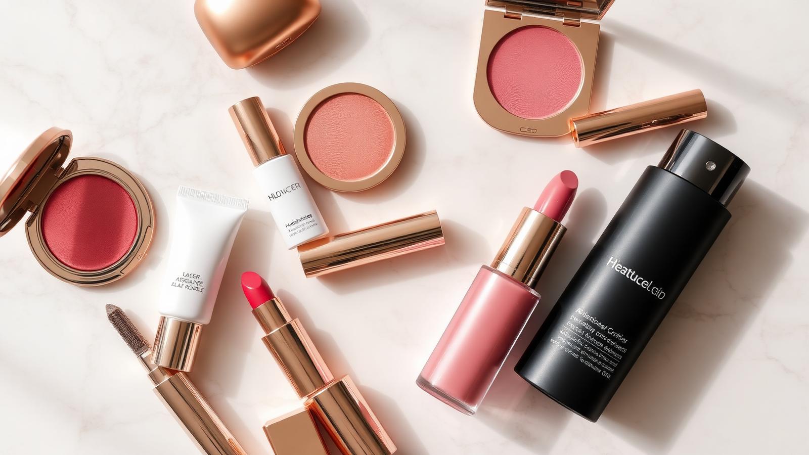 Koleksi produk kosmetik elegan tersusun di permukaan marmar krem